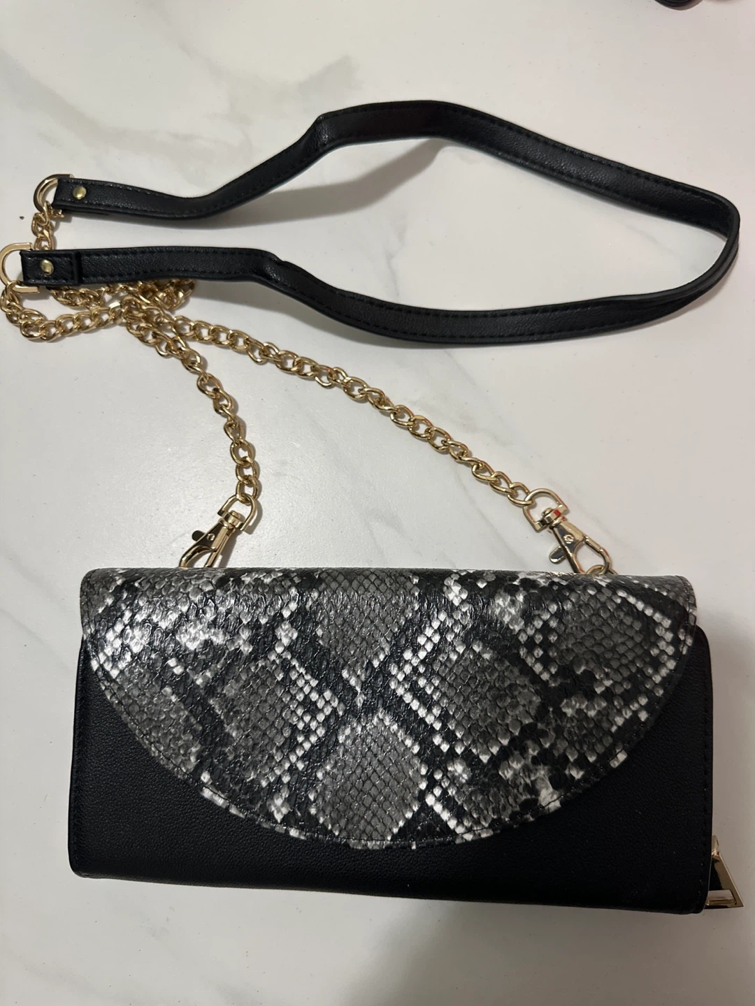 Black and Snakeskin Print Crossbody Wallet