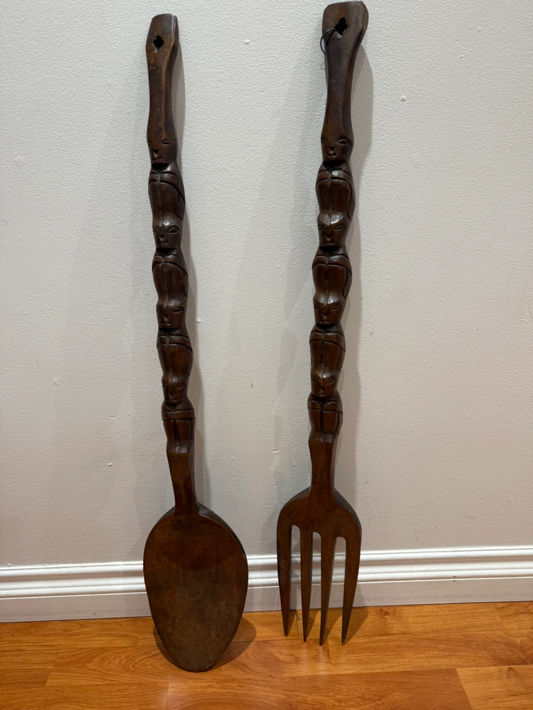Large Carved Wooden Spoon & Fork
