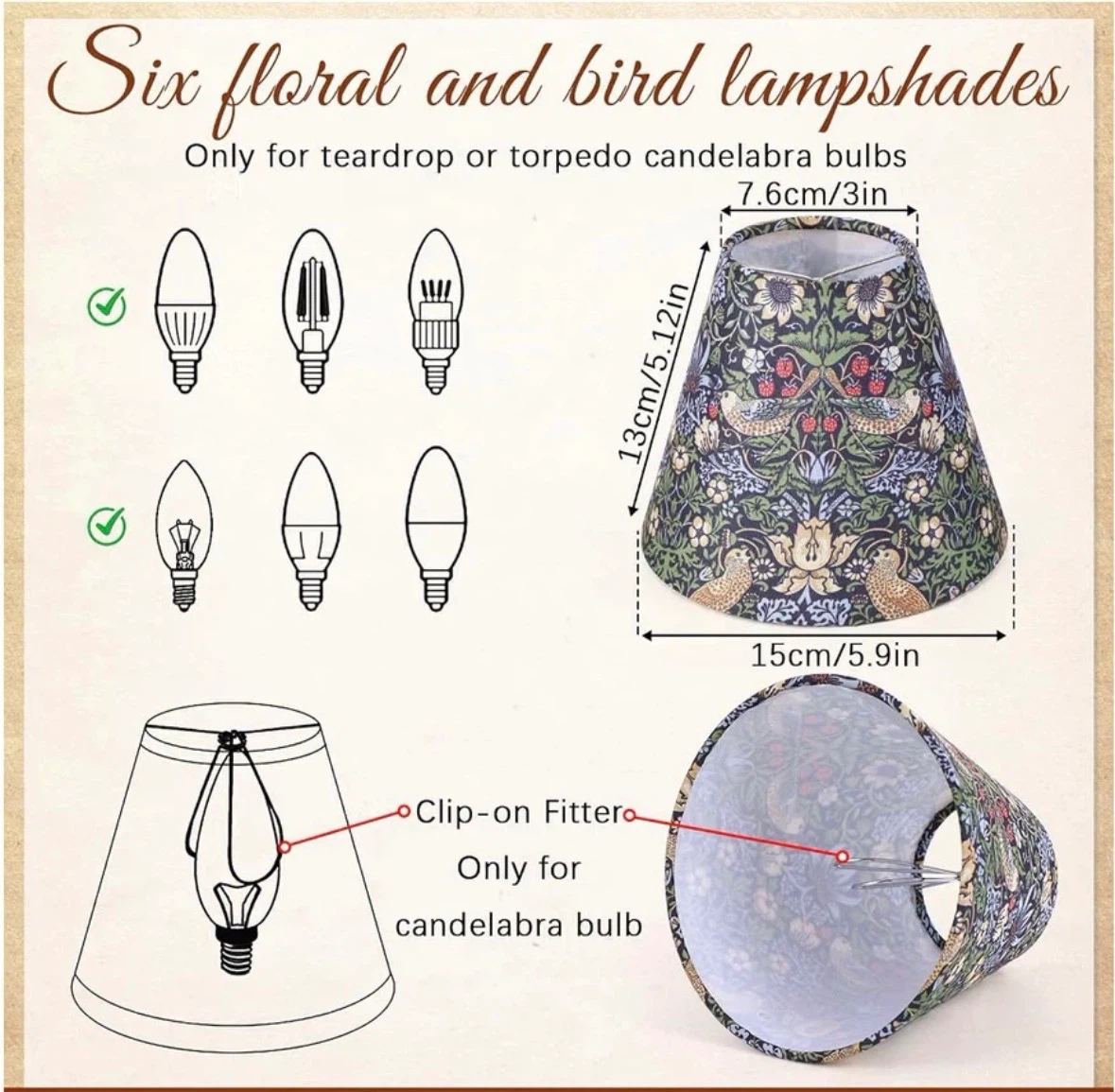6 Pack Morris Vintage Chandelier Shades, Strawberry Thief 1 set - photo 2