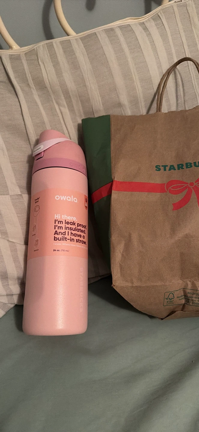 Owala Starbucks water bottle tags on comes with bag