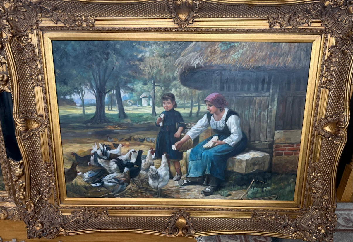 Vintage Framed Oil Painting of Rural Scene