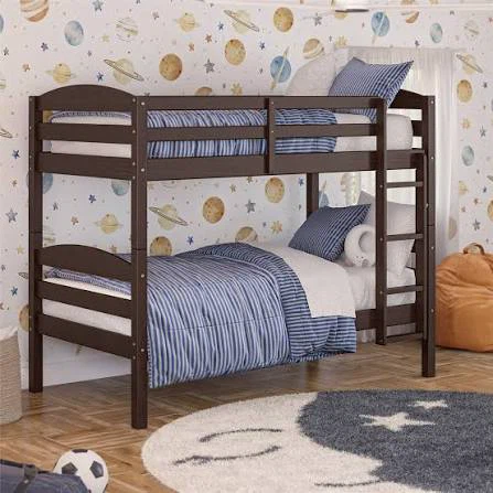 Solid Wood Twin-over-Twin Bunk Bed + 2 Mattresses – Mocha