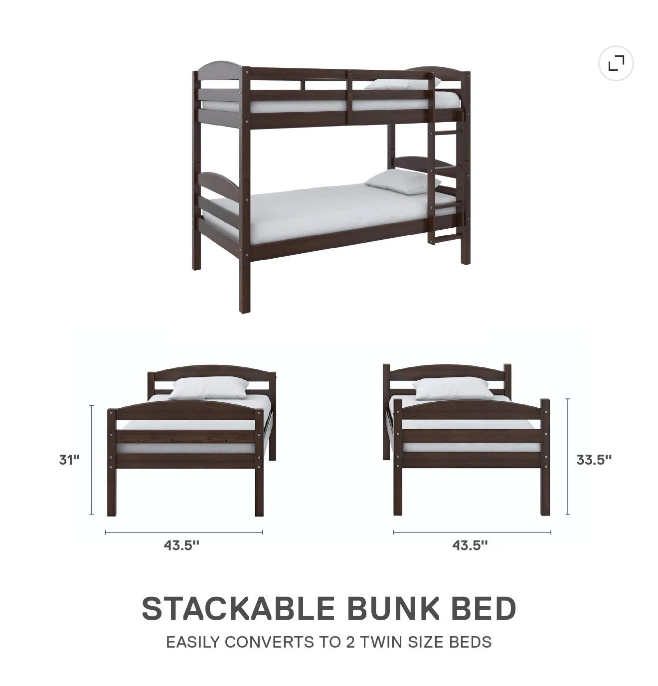 Solid Wood Twin-over-Twin Bunk Bed + 2 Mattresses – Mocha - photo 2