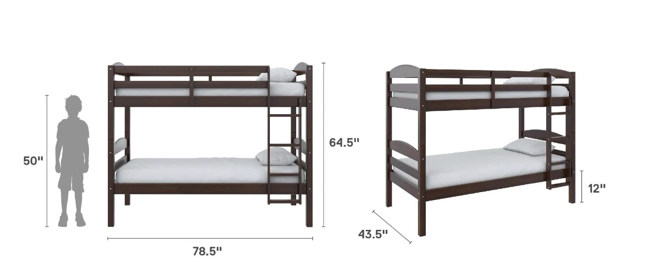 Solid Wood Twin-over-Twin Bunk Bed + 2 Mattresses – Mocha - photo 3