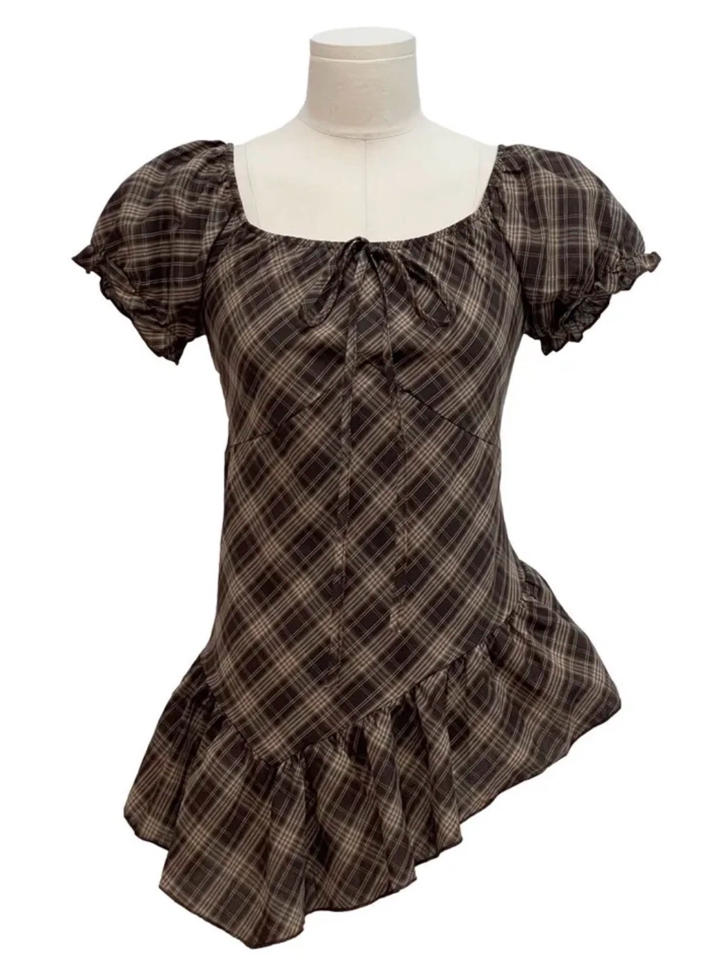 Vintage Plaid Puff-Sleeve Asymmetrical Top