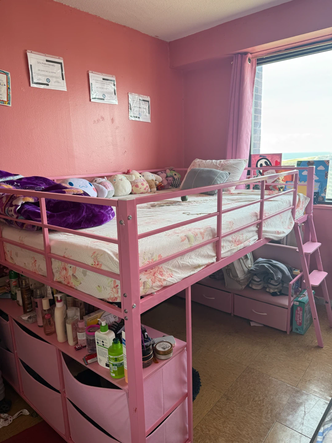 🩷 Pink Loft Bed with Storage, Sitting Area & LEDs — $300 OBO