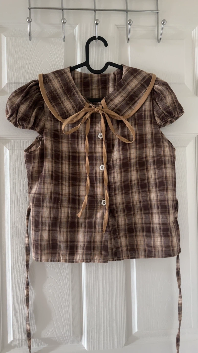 Vintage Sailor Collar Plaid Short-Sleeve Top