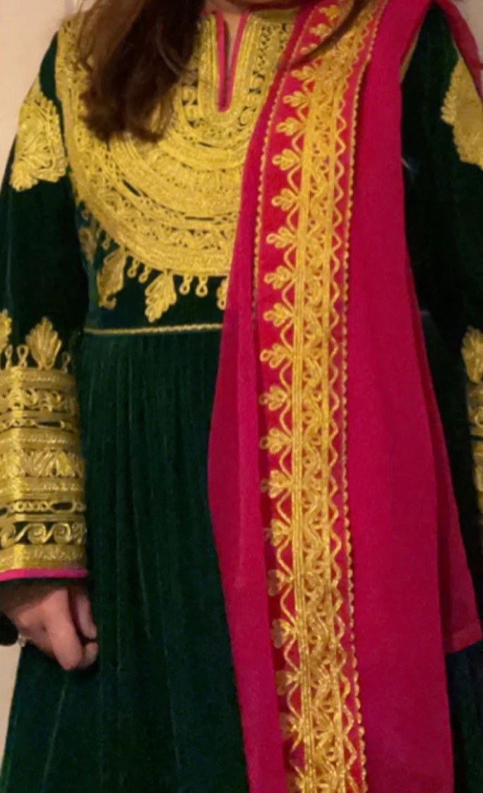 Dark Green and Gold Embroidered Afghan Dress