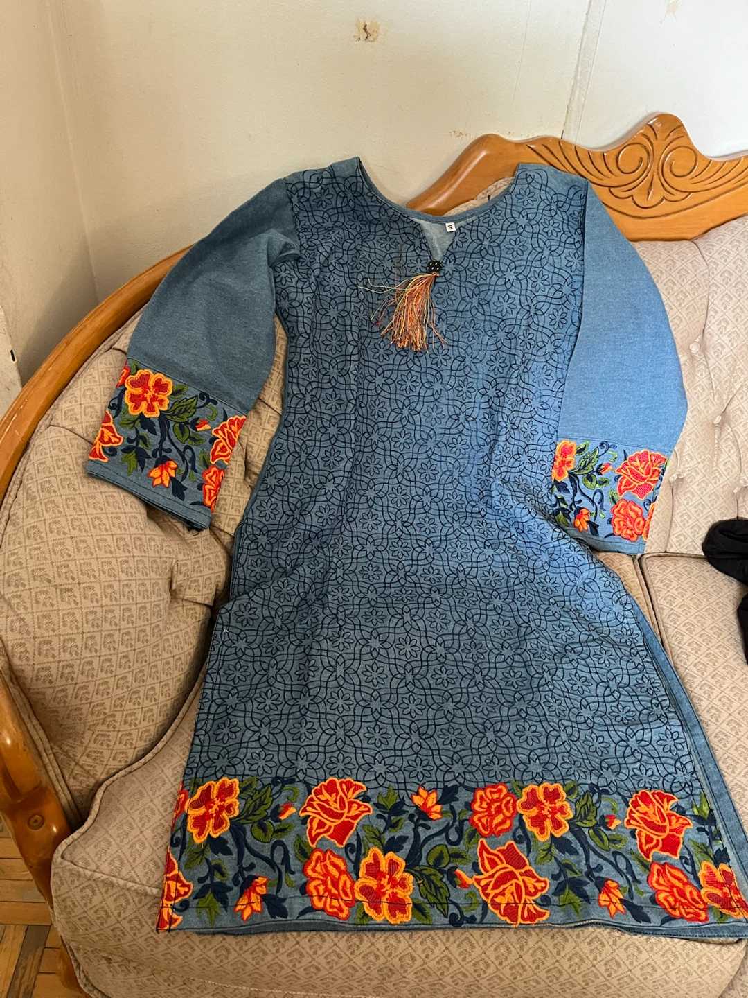 Blue floral embroidered denim tunic