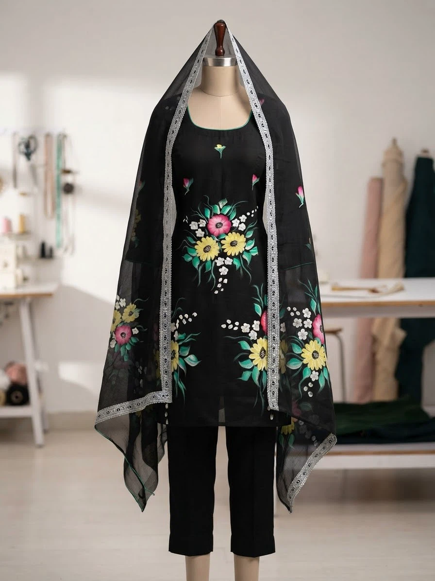 Black Hand-Painted Floral Kurta Set