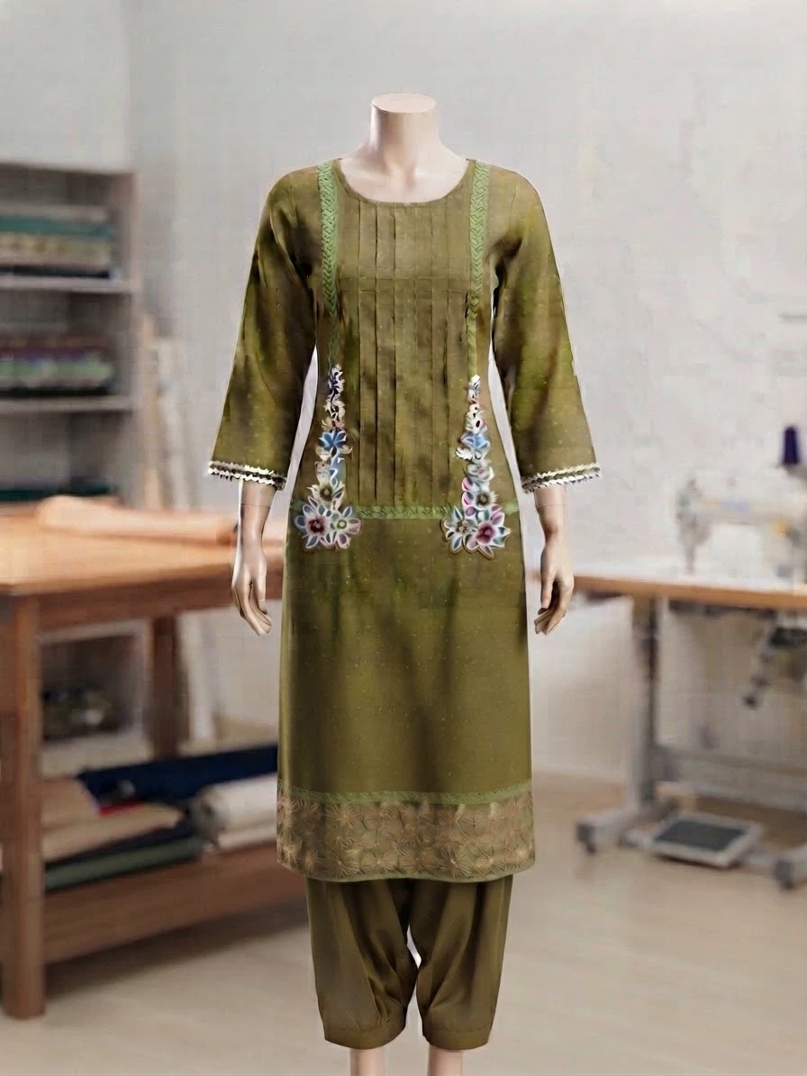 Olive green embroidered kurti set