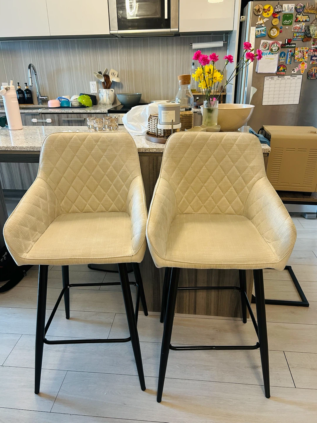 Set of 2 Beige Quilted Bar Stools