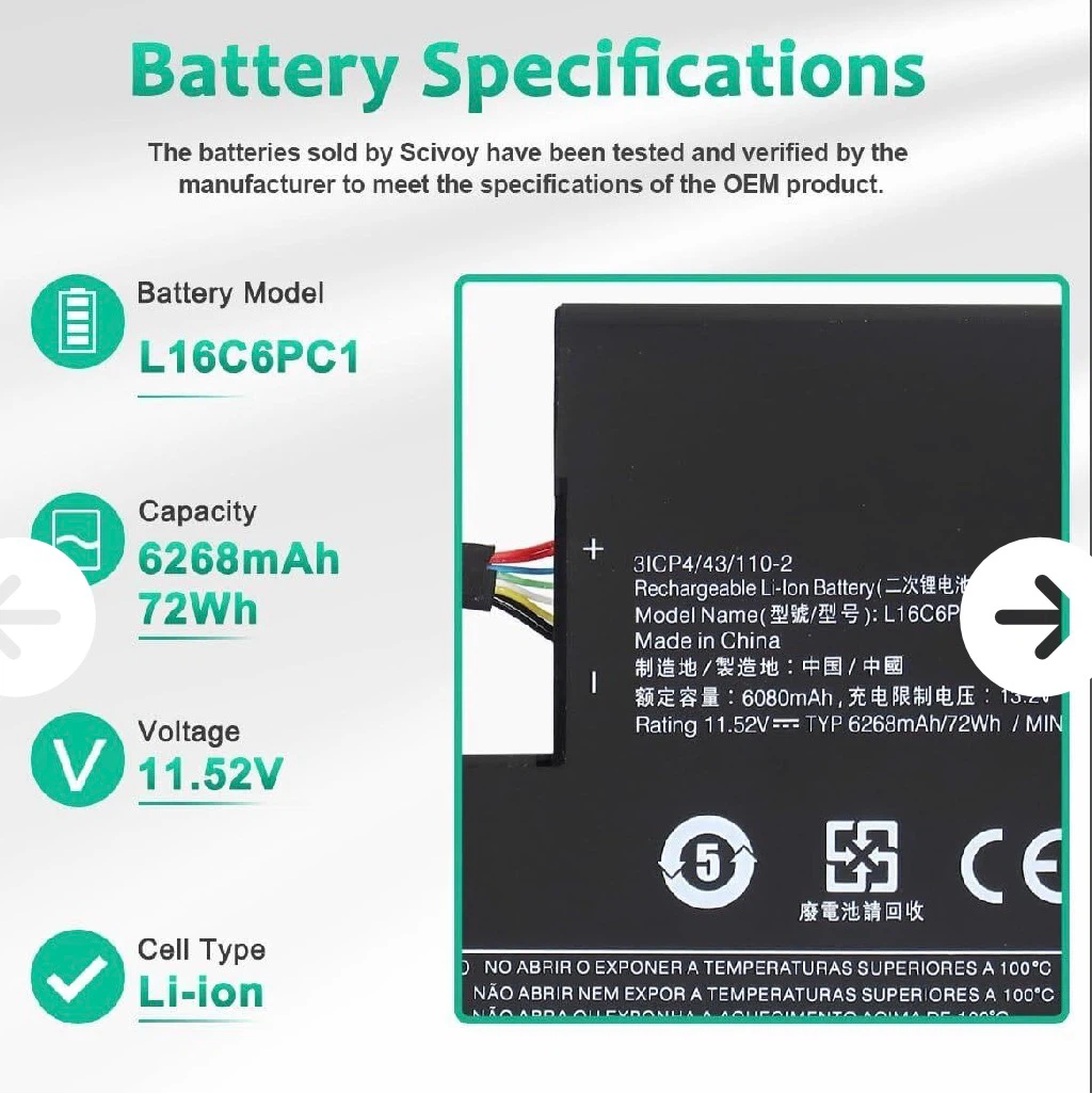 Scivoy L16C6PC1 Laptop Replacement Battery - photo 2