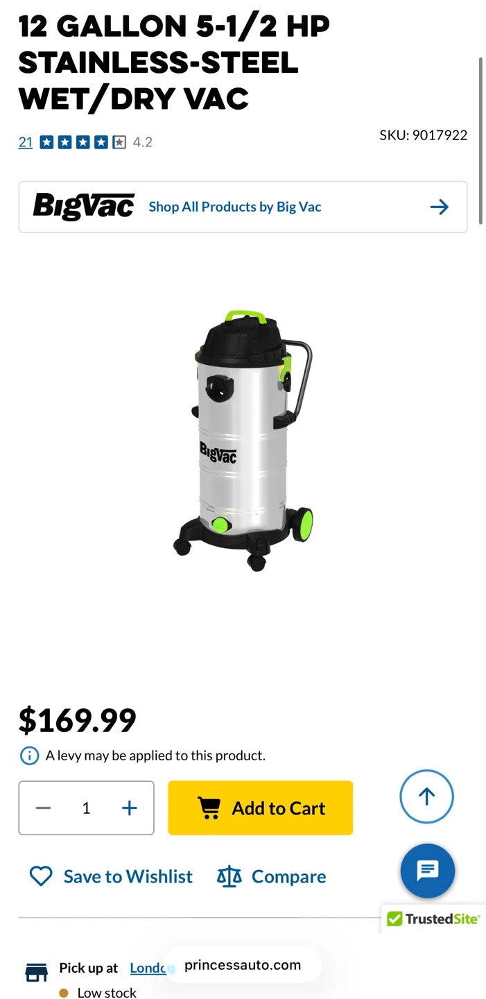 BigVac shopVac Wet/Dry Stainless Steel Vacuum