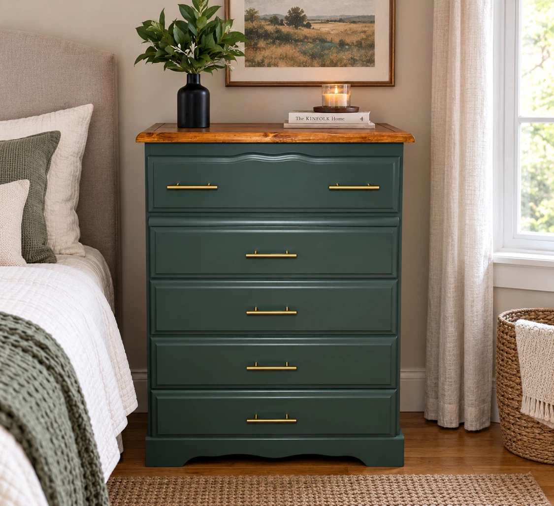 Refinished Forest Green Five-Drawer Dresser