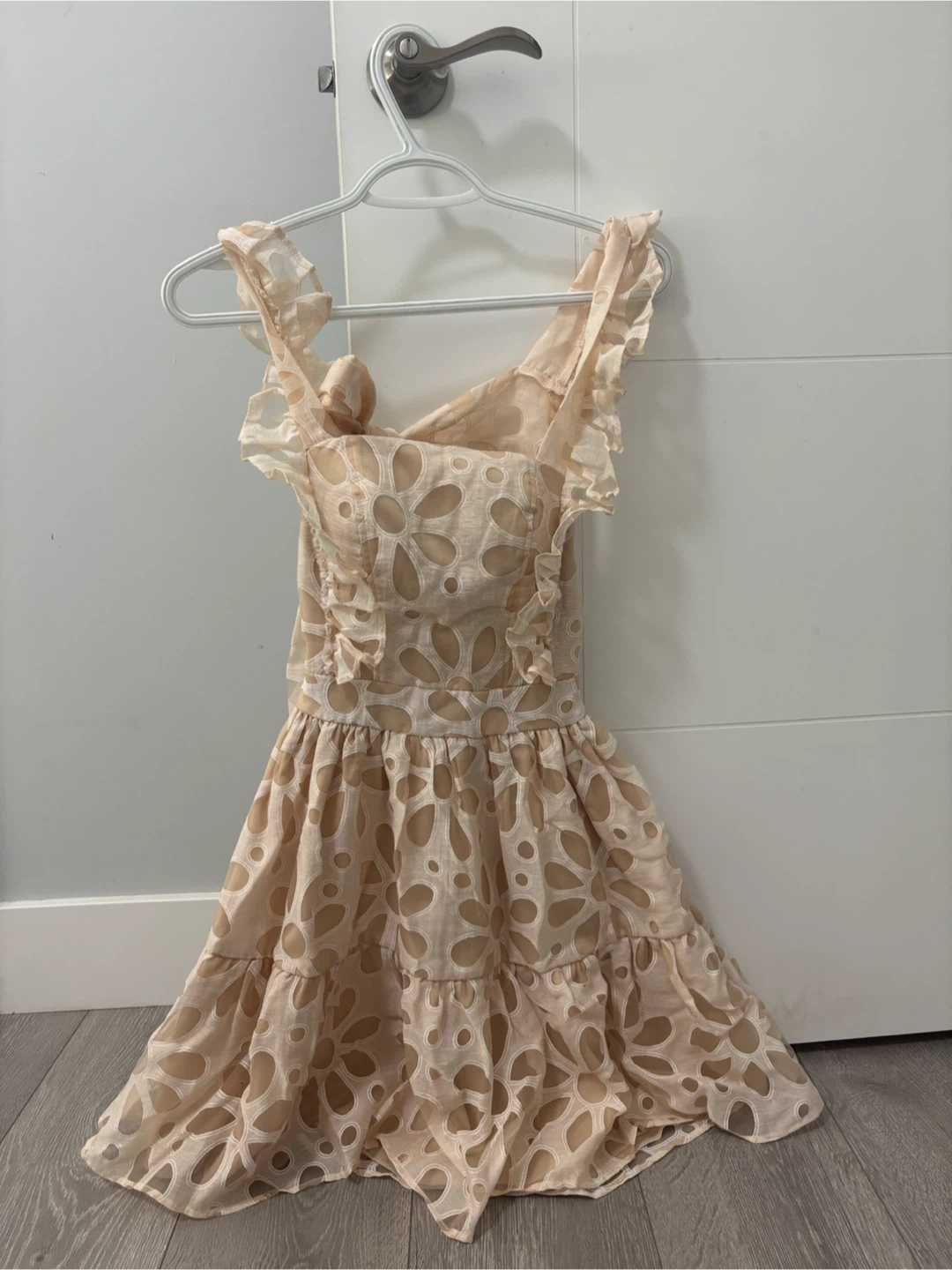 Beige Eyelet Mini Dress with Tie Back