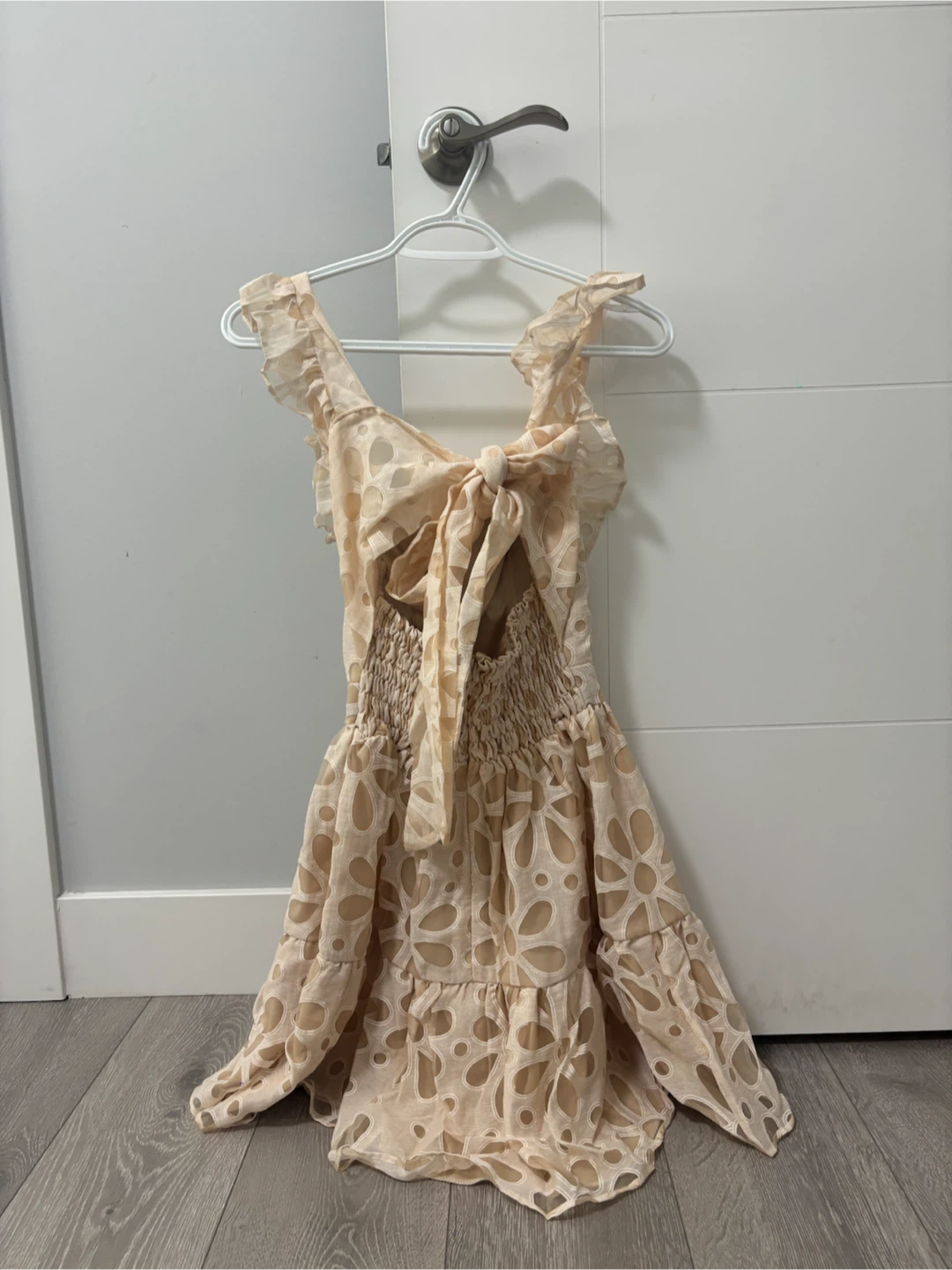 Beige Eyelet Mini Dress with Tie Back - photo 2
