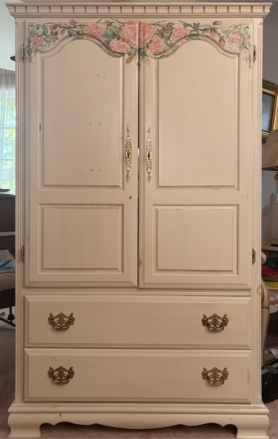 Cream Floral Armoire with Drawers