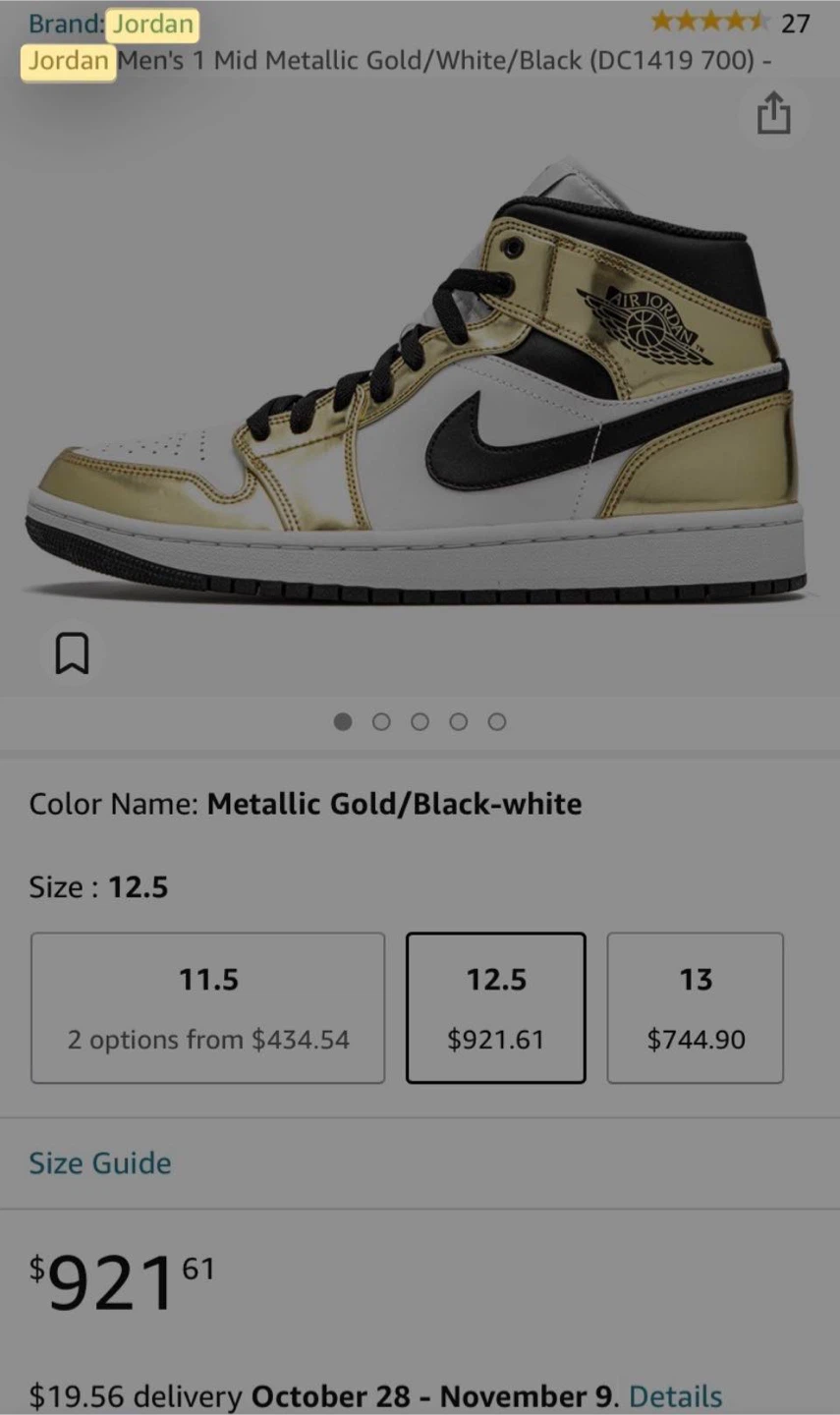 Jordan 1 Mid Metallic Gold/White/Black Size 9.5 - photo 2