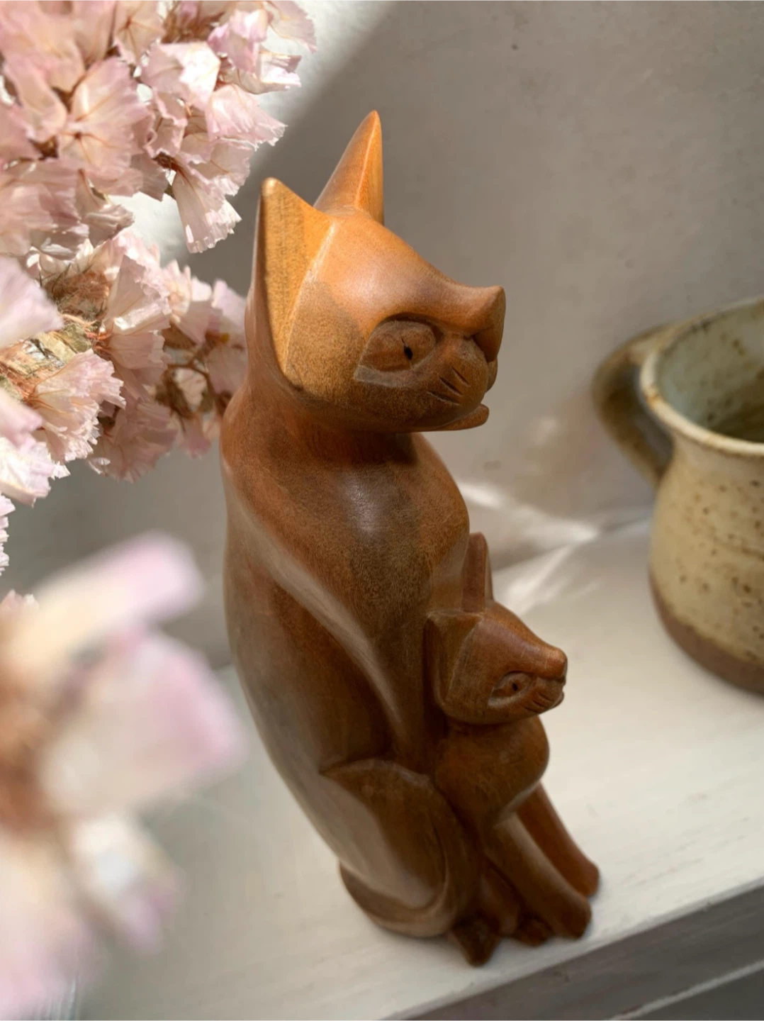 Vintage Wooden Cat and Kitten Figurine