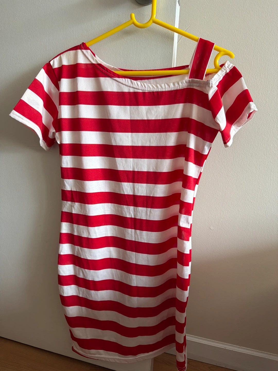 Red and White Striped Cutout Shoulder Dress