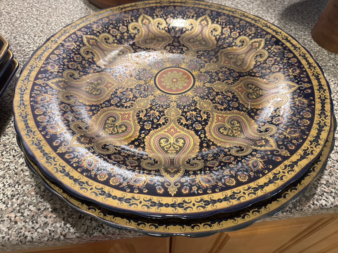 Decorative Blue and Gold Serving Trays and Bowl