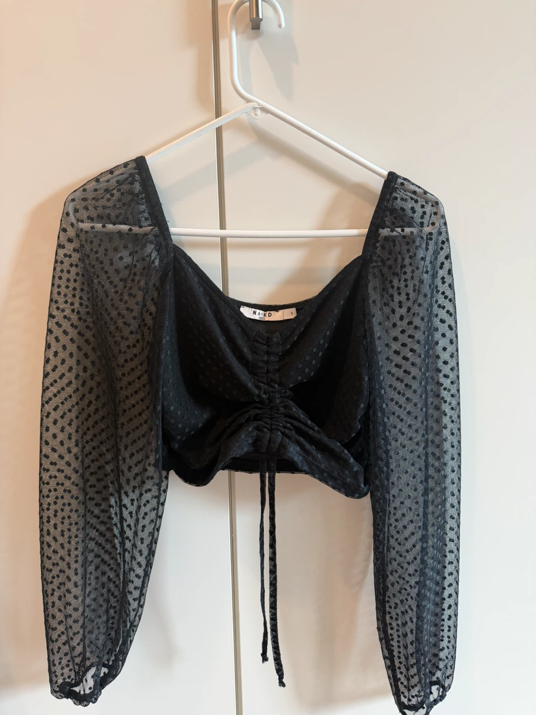 NA-KD Black Swiss Dot Long Sleeve Crop Top