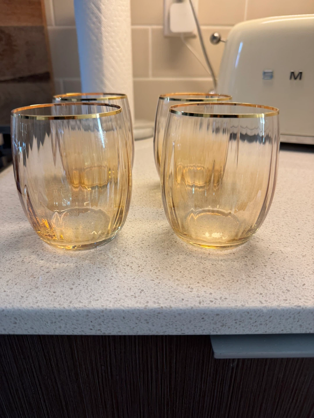 Set of 4 Amber Ribbed Glasses with Gold Rim