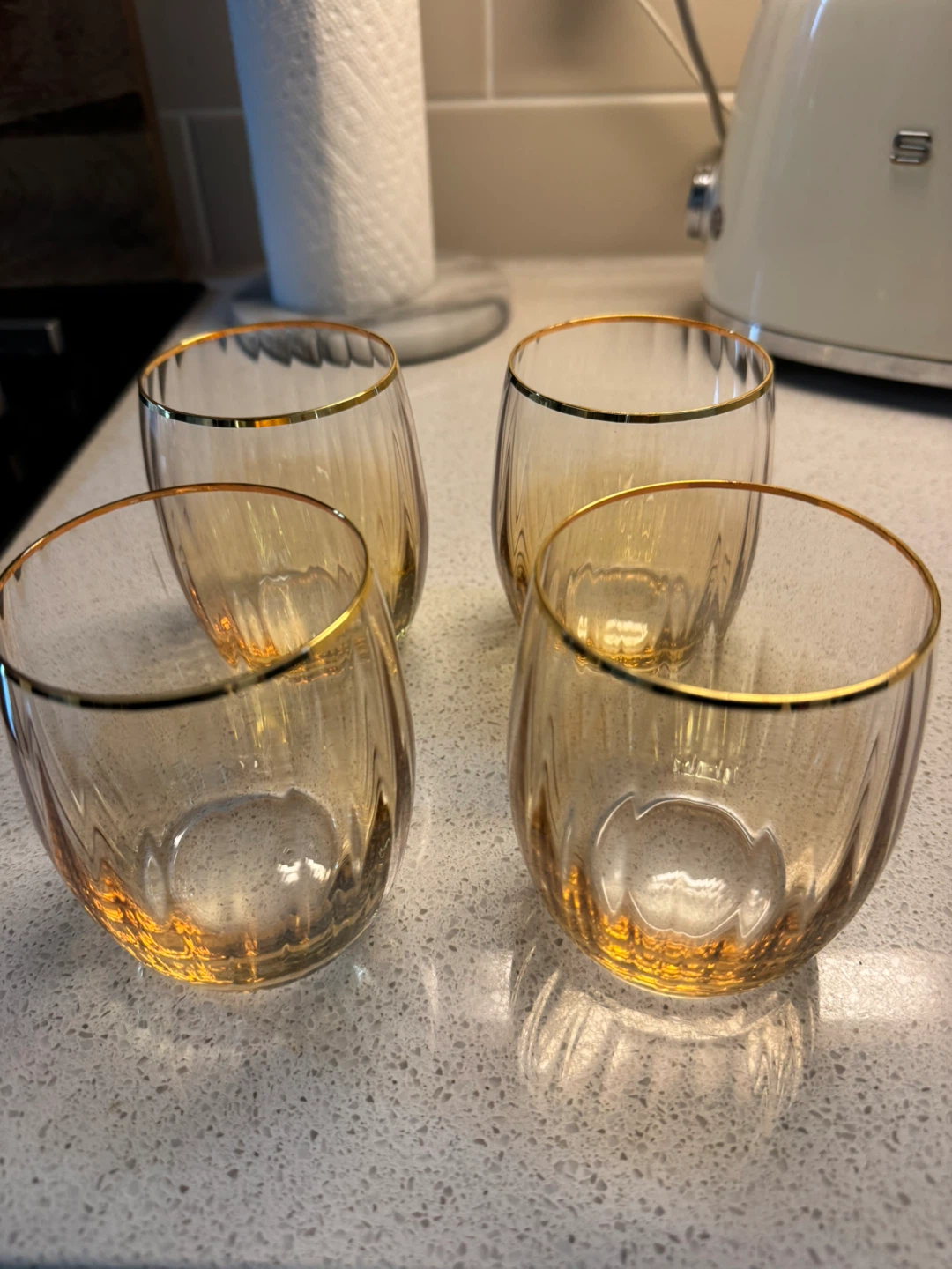 Set of 4 Amber Ribbed Glasses with Gold Rim - photo 2
