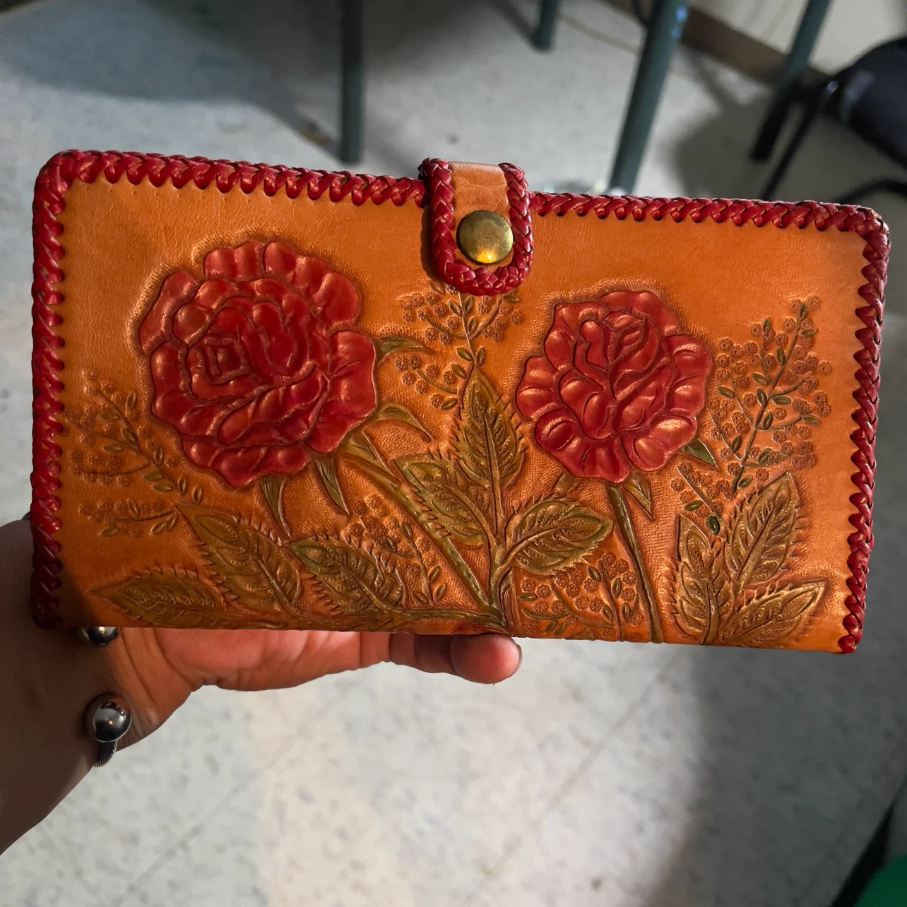 Vintage Hand-Tooled Leather Rose Wallet