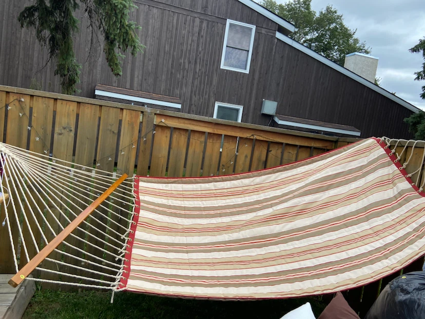 Striped Fabric Hammock with Wooden Spreader Bars