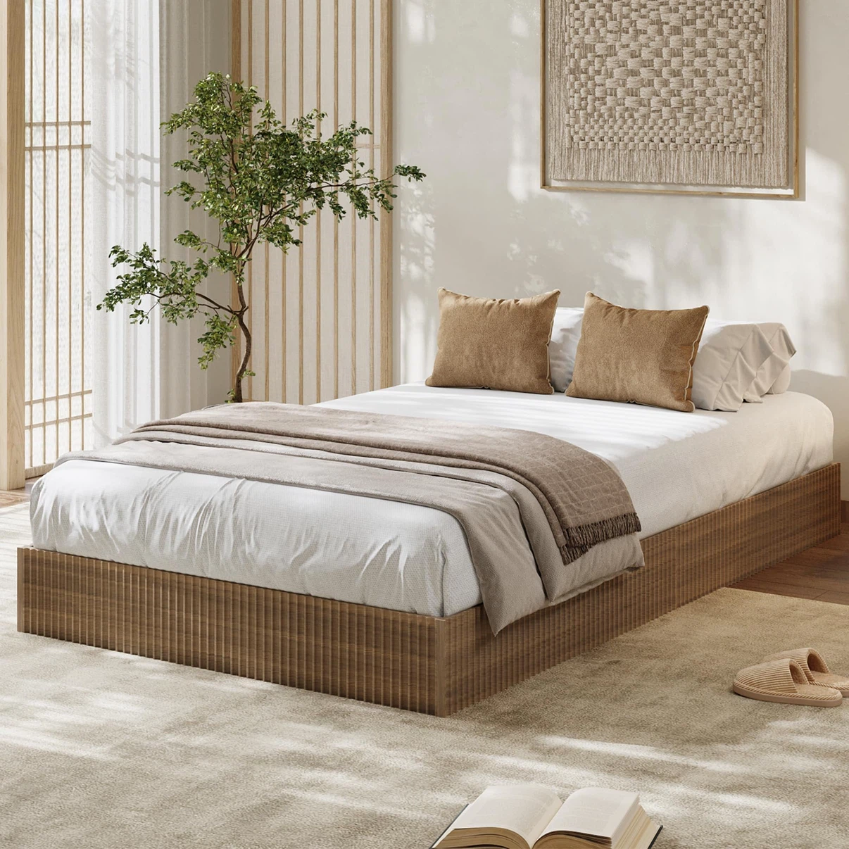 Twin Bed Frame, Wood Platform Bed with Fluted Design