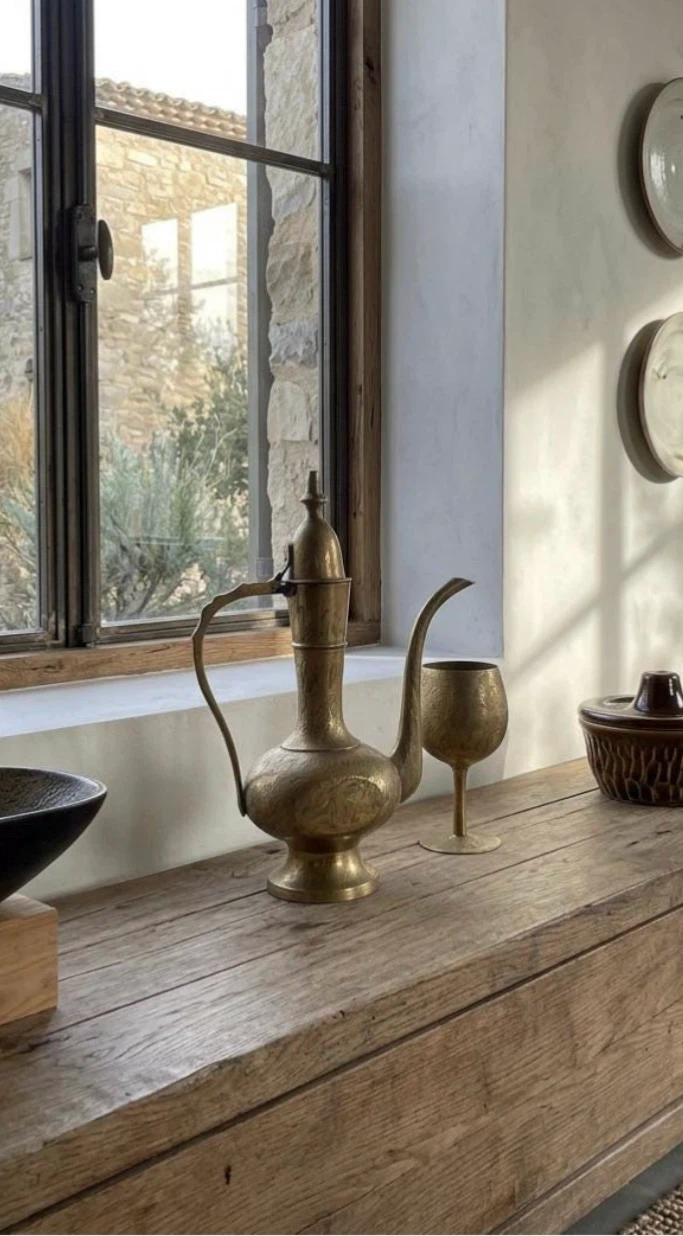 Vintage Etched Brass Pitcher & Goblet Set