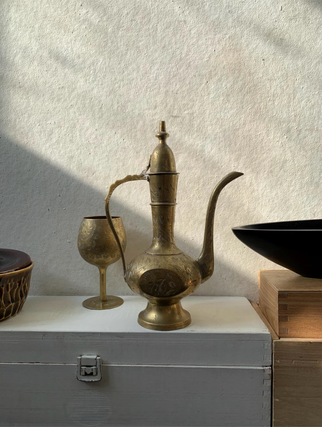 Vintage Etched Brass Pitcher & Goblet Set - photo 4