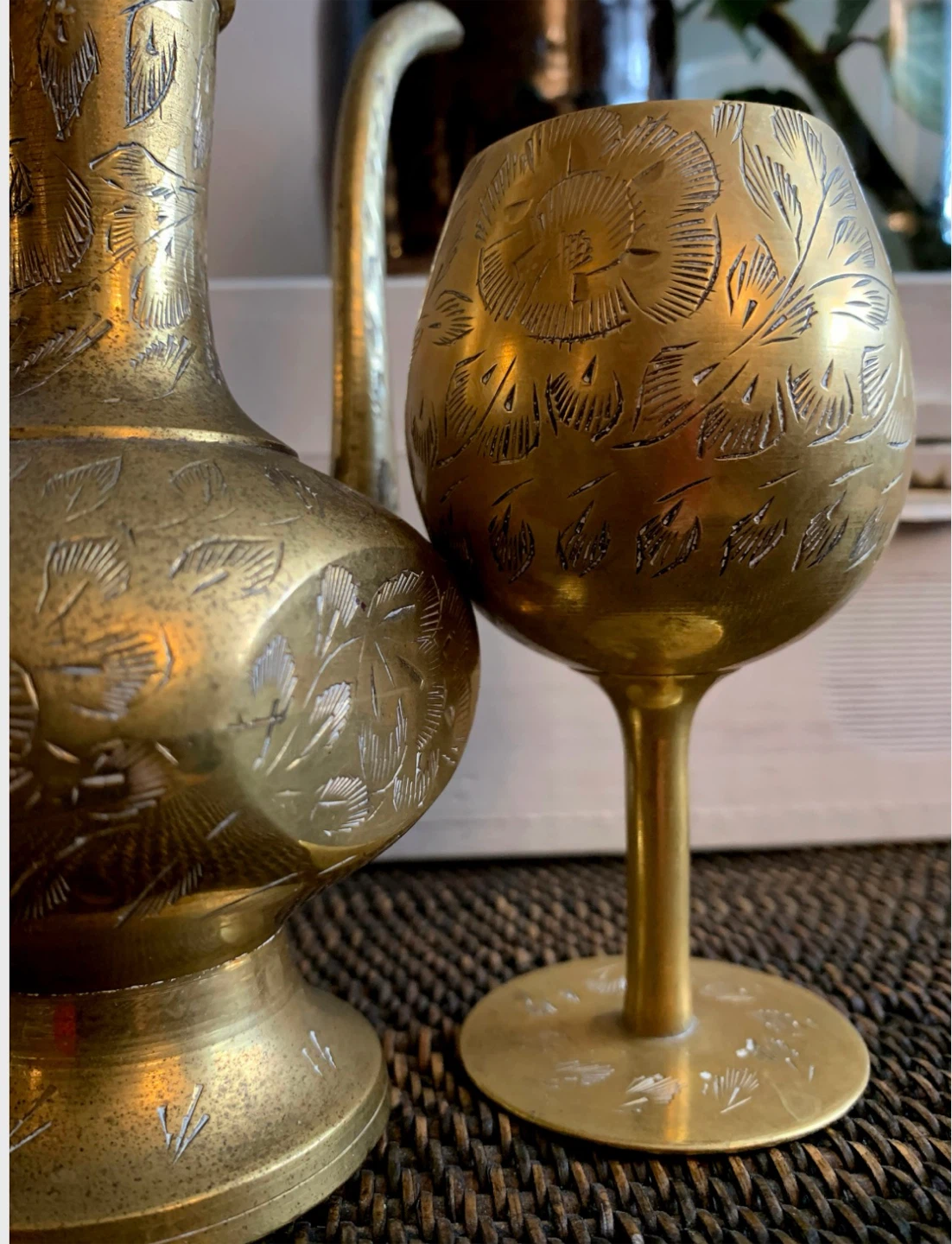 Vintage Etched Brass Pitcher & Goblet Set - photo 5