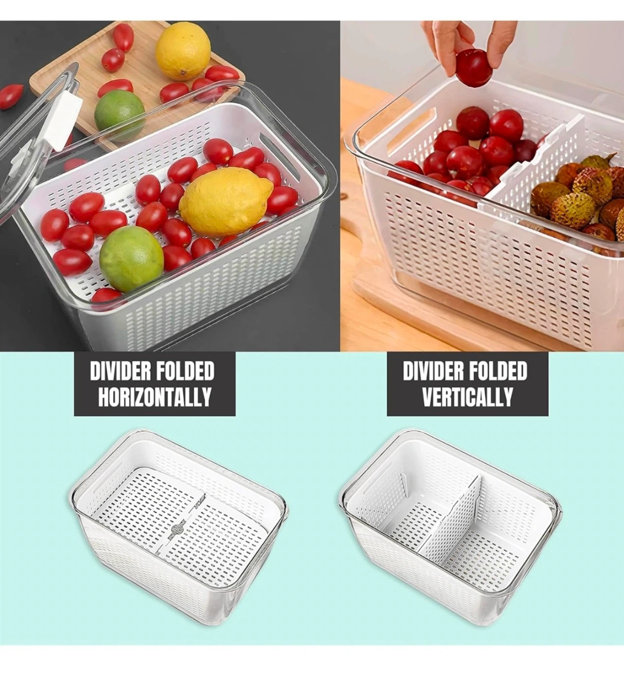 Produce Storage Container with Drain and Divider