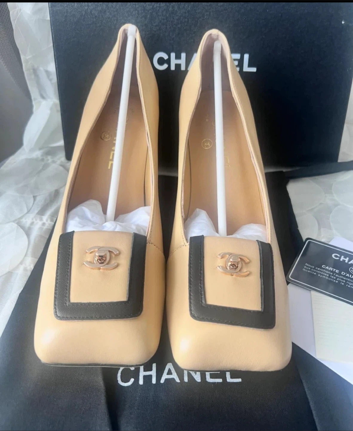 Chanel Beige and Black Block Heel Pumps