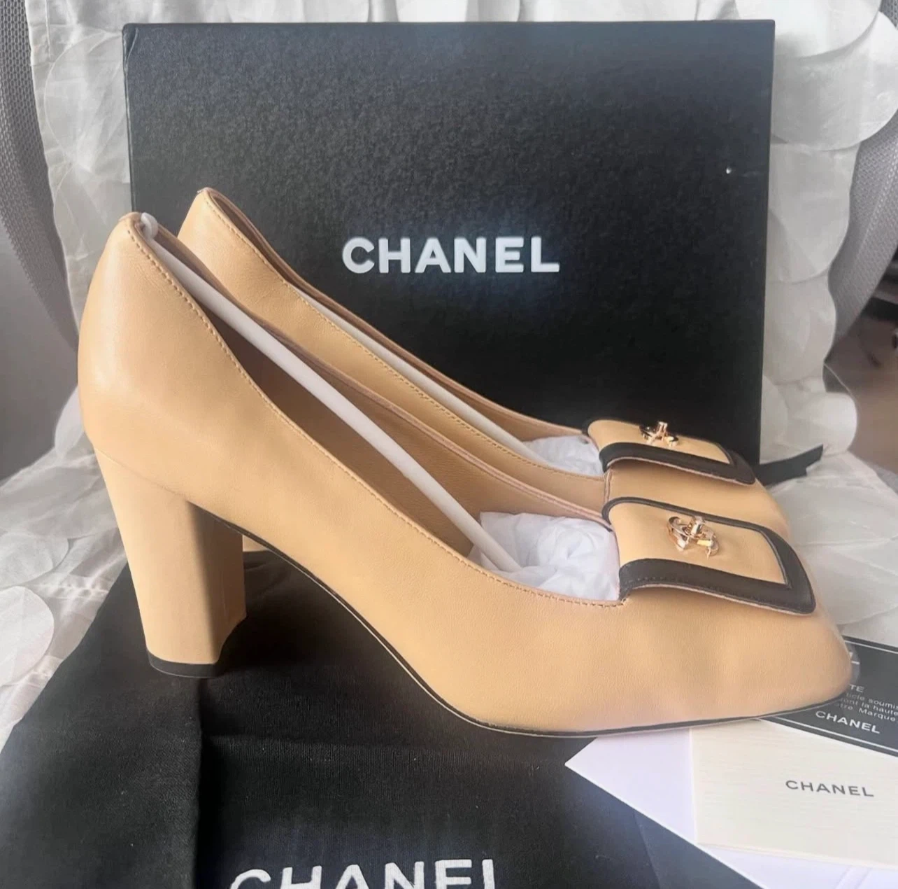Chanel Beige and Black Block Heel Pumps - photo 2