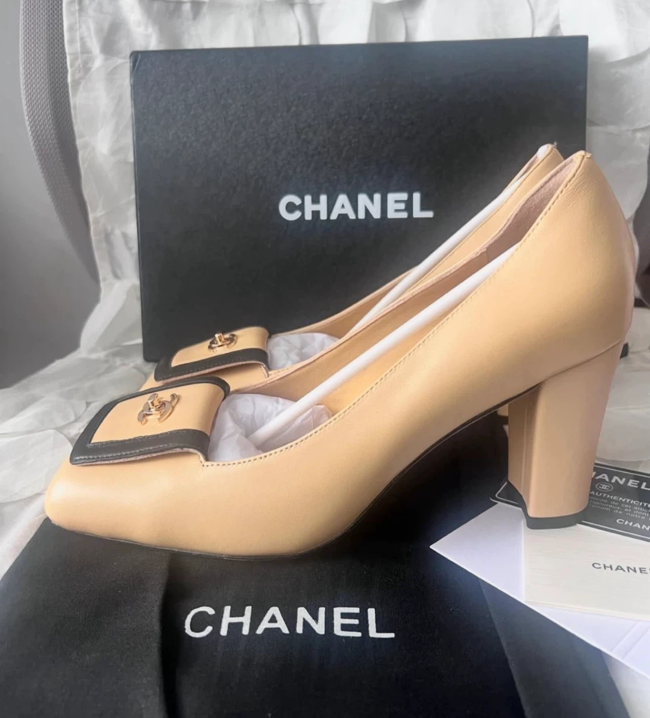 Chanel Beige and Black Block Heel Pumps - photo 3