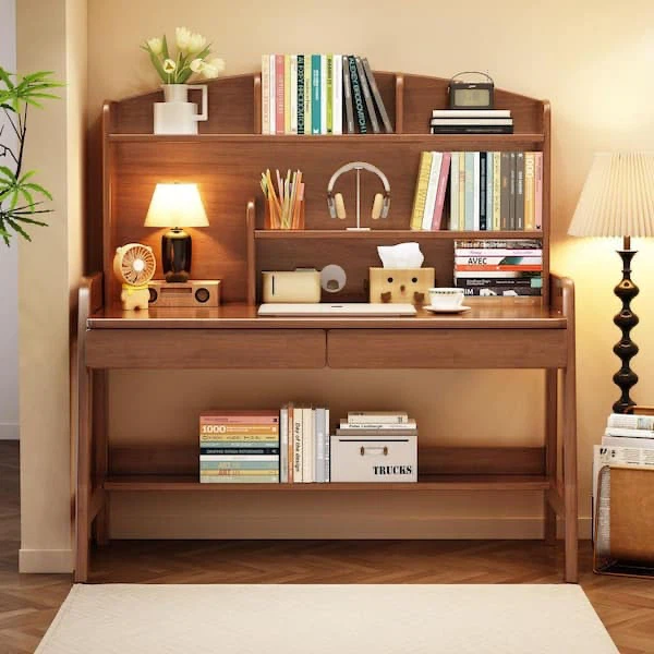 Brown Kids Study Desk with Storage, Bookshelf and Drawers