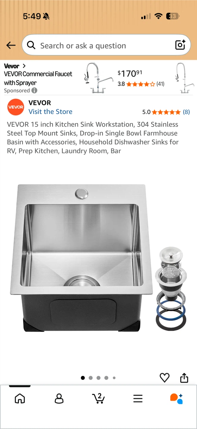 VEVOR 15 inch Stainless Steel Kitchen Sink