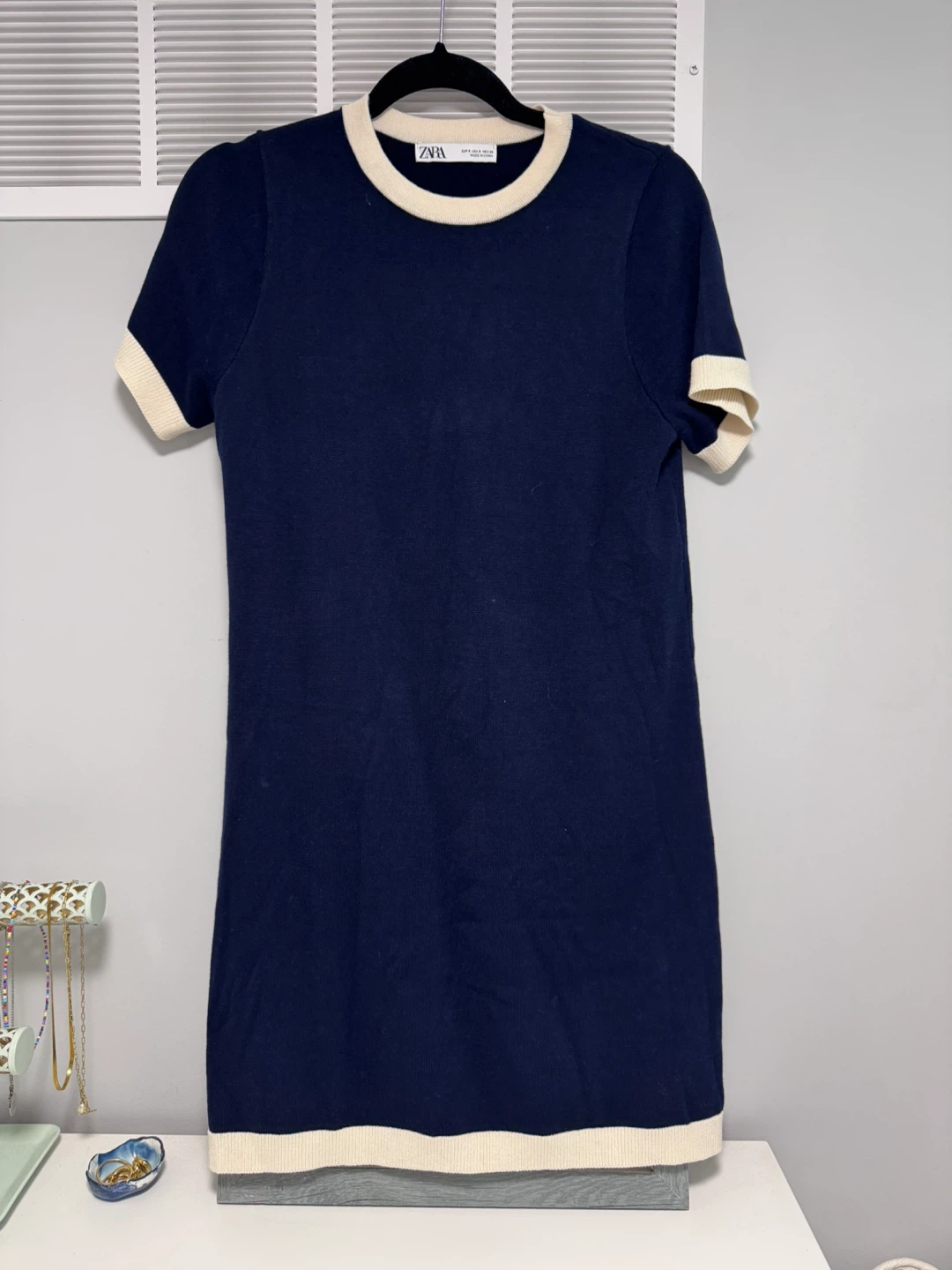 Zara Navy and White Knit Dress