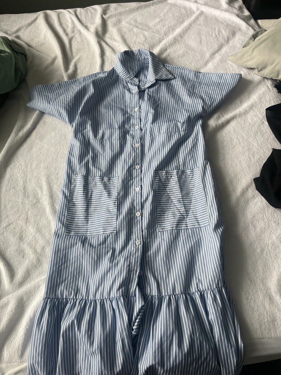 Blue and White Striped Button-Down Shirt Dress