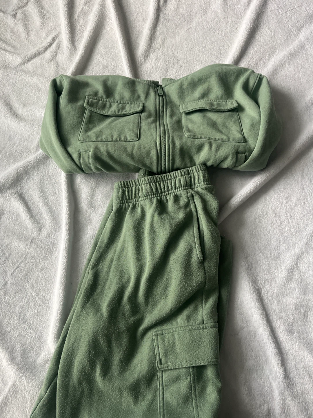 Sage Green Matching Cargo Zip-Up Hoodie and Pants Set