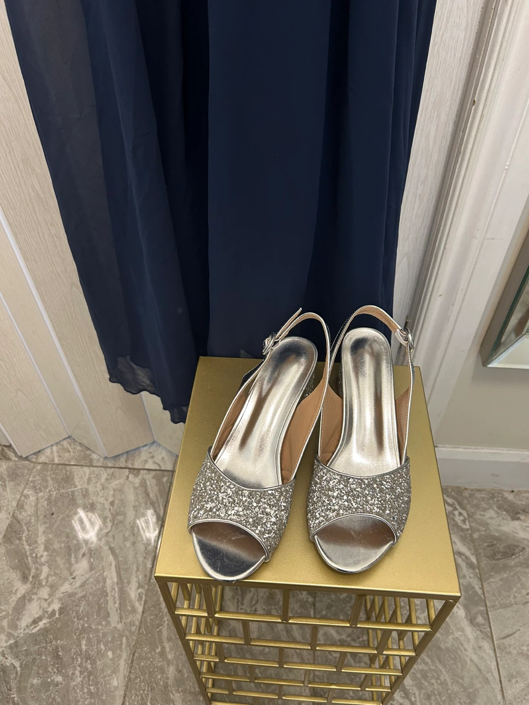 Silver Glitter Peep-Toe Slingback Heels