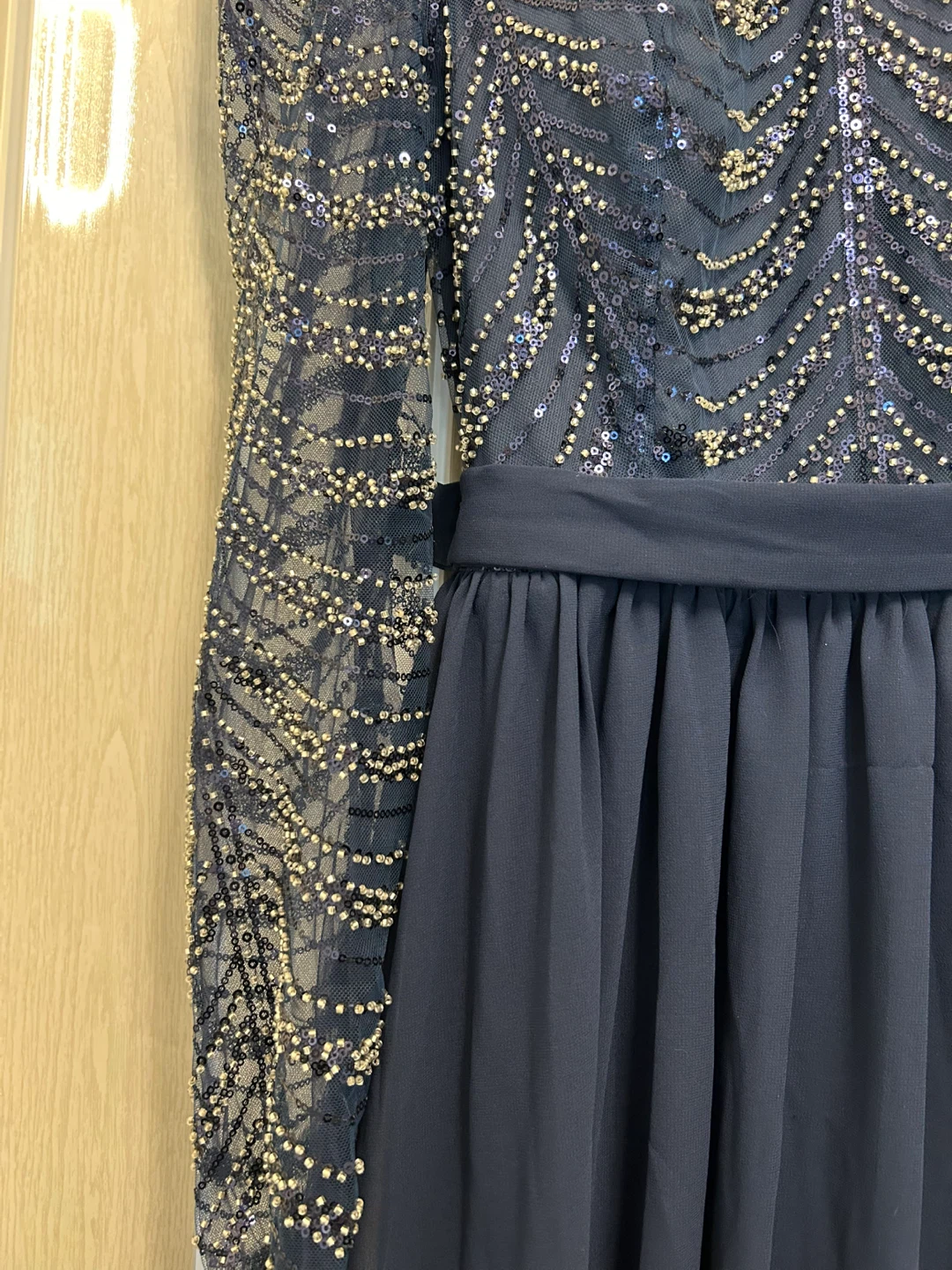 Navy Blue Beaded Long Sleeve Evening Gown