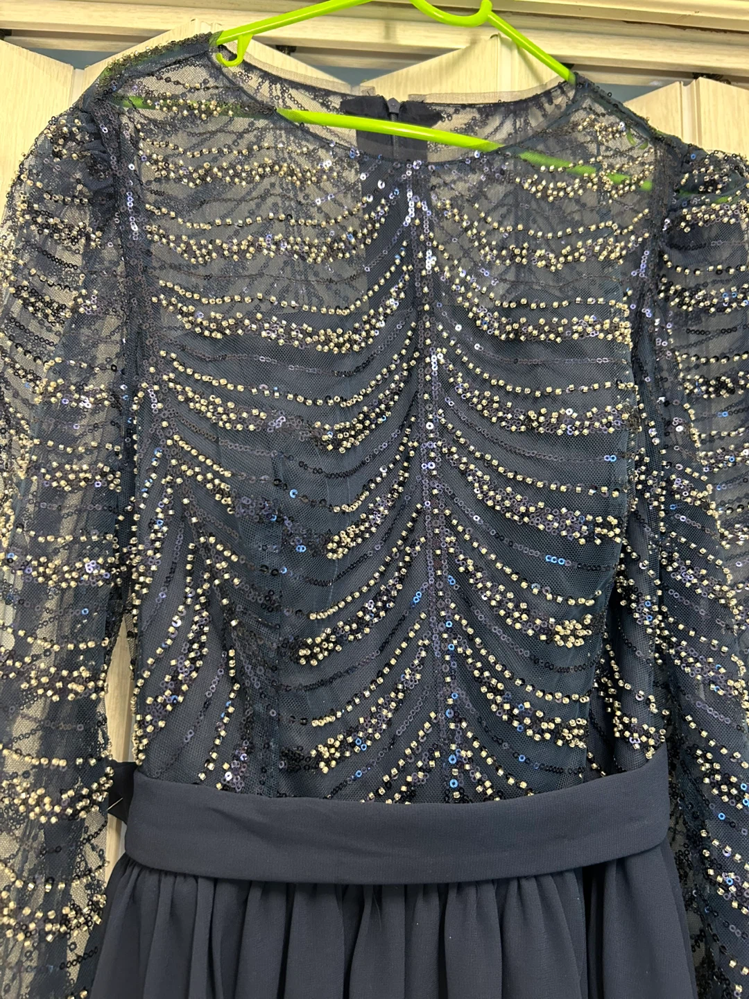 Navy Blue Beaded Long Sleeve Evening Gown - photo 2