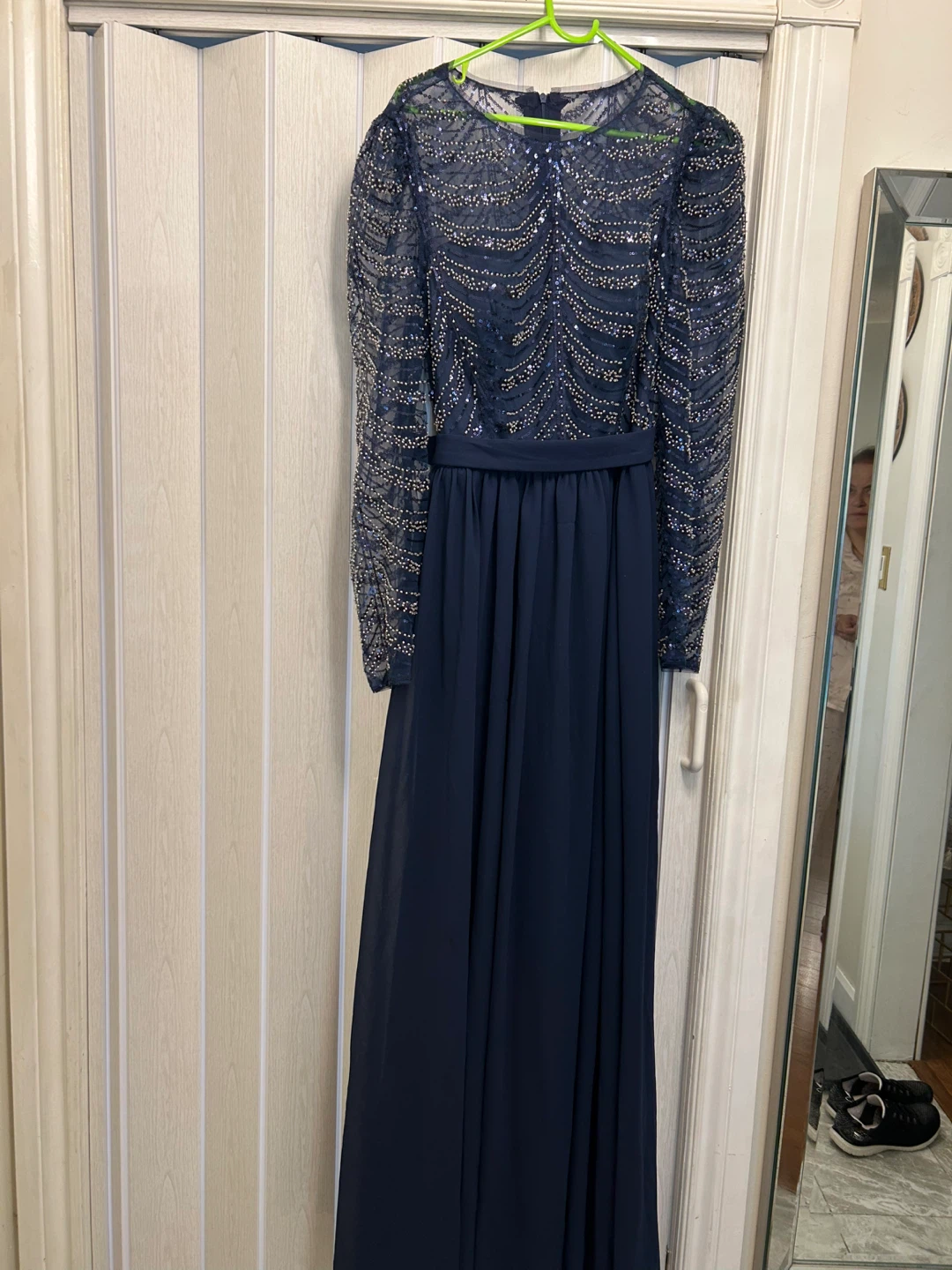 Navy Blue Beaded Long Sleeve Evening Gown - photo 3