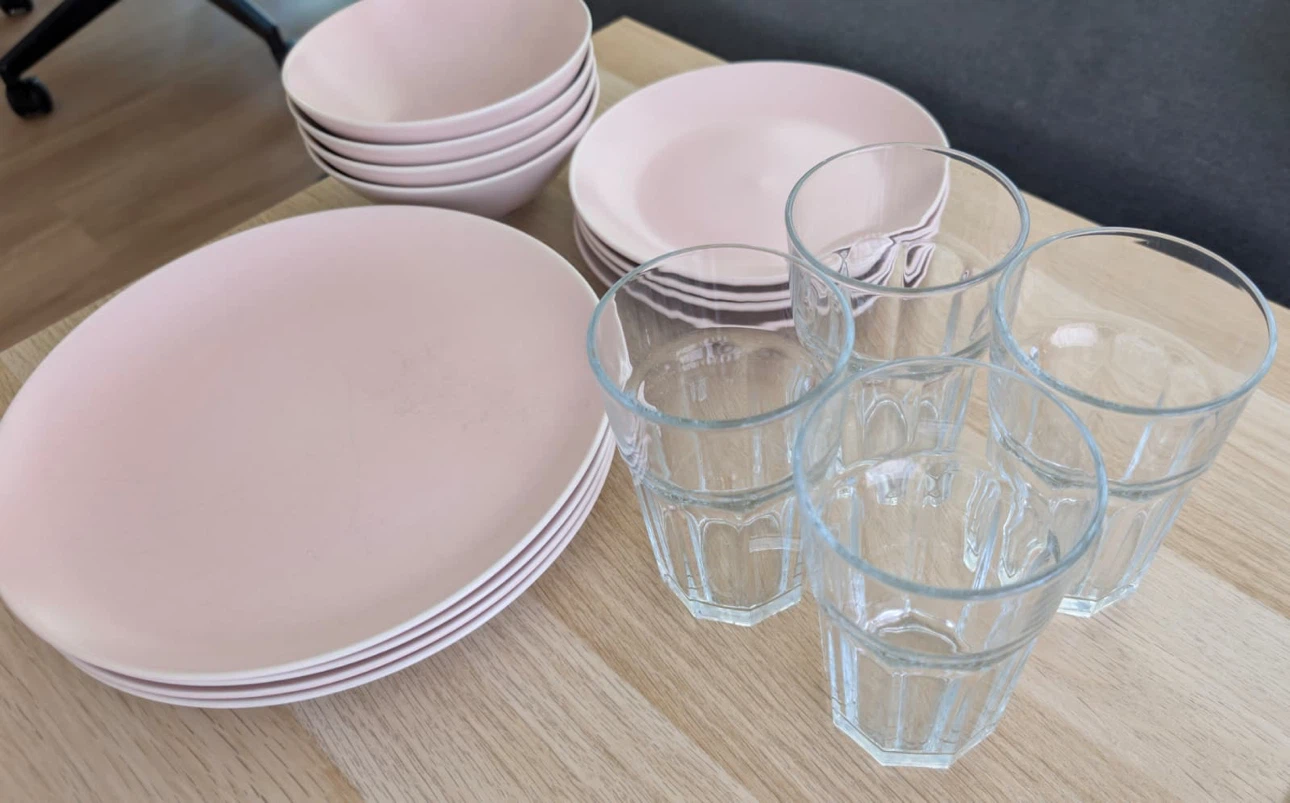 Blush Pink Dinnerware Set + Glass Tumblers (4-person)
