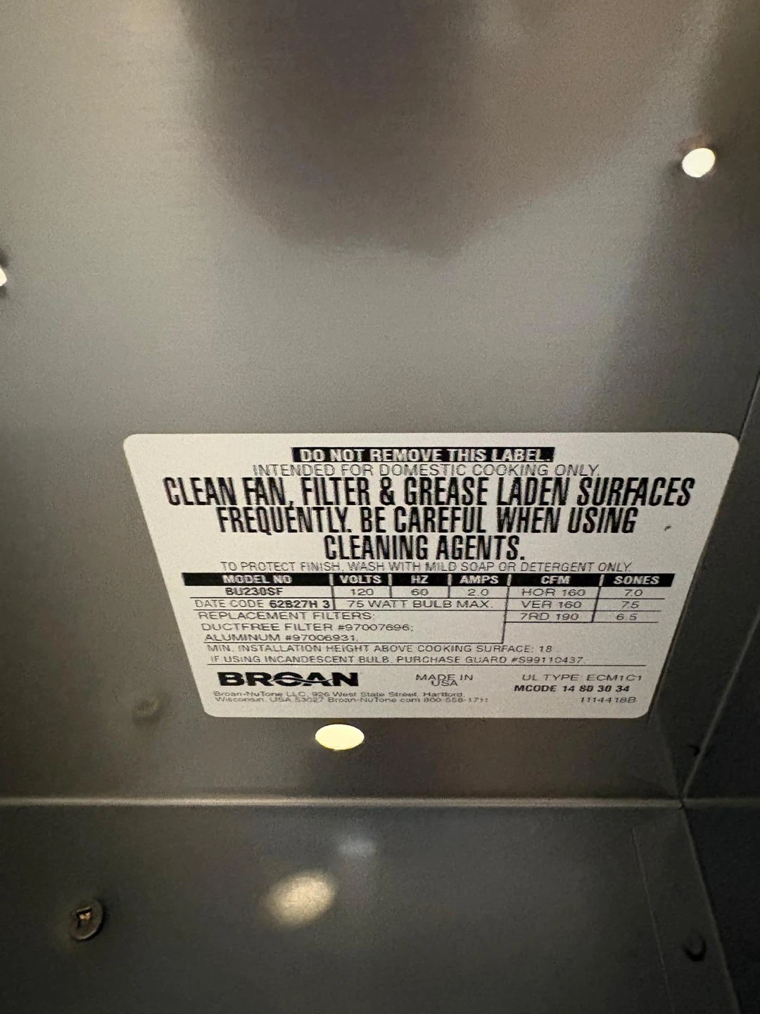 Broan Range Hood BU230SF - photo 2